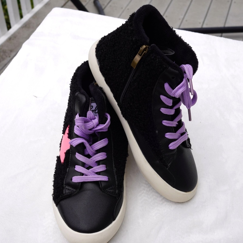 Lola + The Boys High Top Sneakers Black Pink Star Sherpa Lined‎ Size 36 US 5.5/6